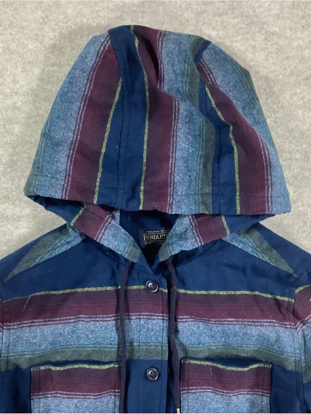 Pendleton Striped Hooded Wool Shirt Jacket in Navy, Burgundy and Slate